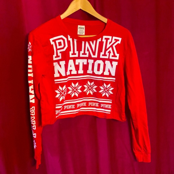 Vs PINK NATION small top red with white logo exclusive long sleeve - Picture 1 of 7